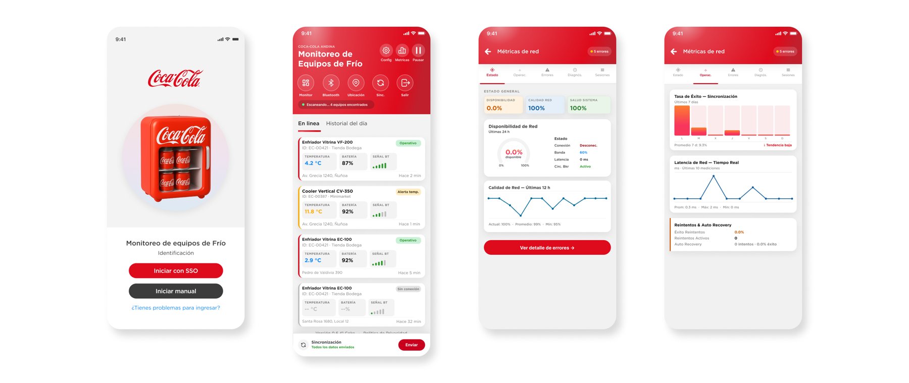 Pantallas de Monitoreo de Equipos de Frío: inicio de sesión, equipos en línea con temperatura, batería y señal, y métricas de red con disponibilidad, calidad y latencia