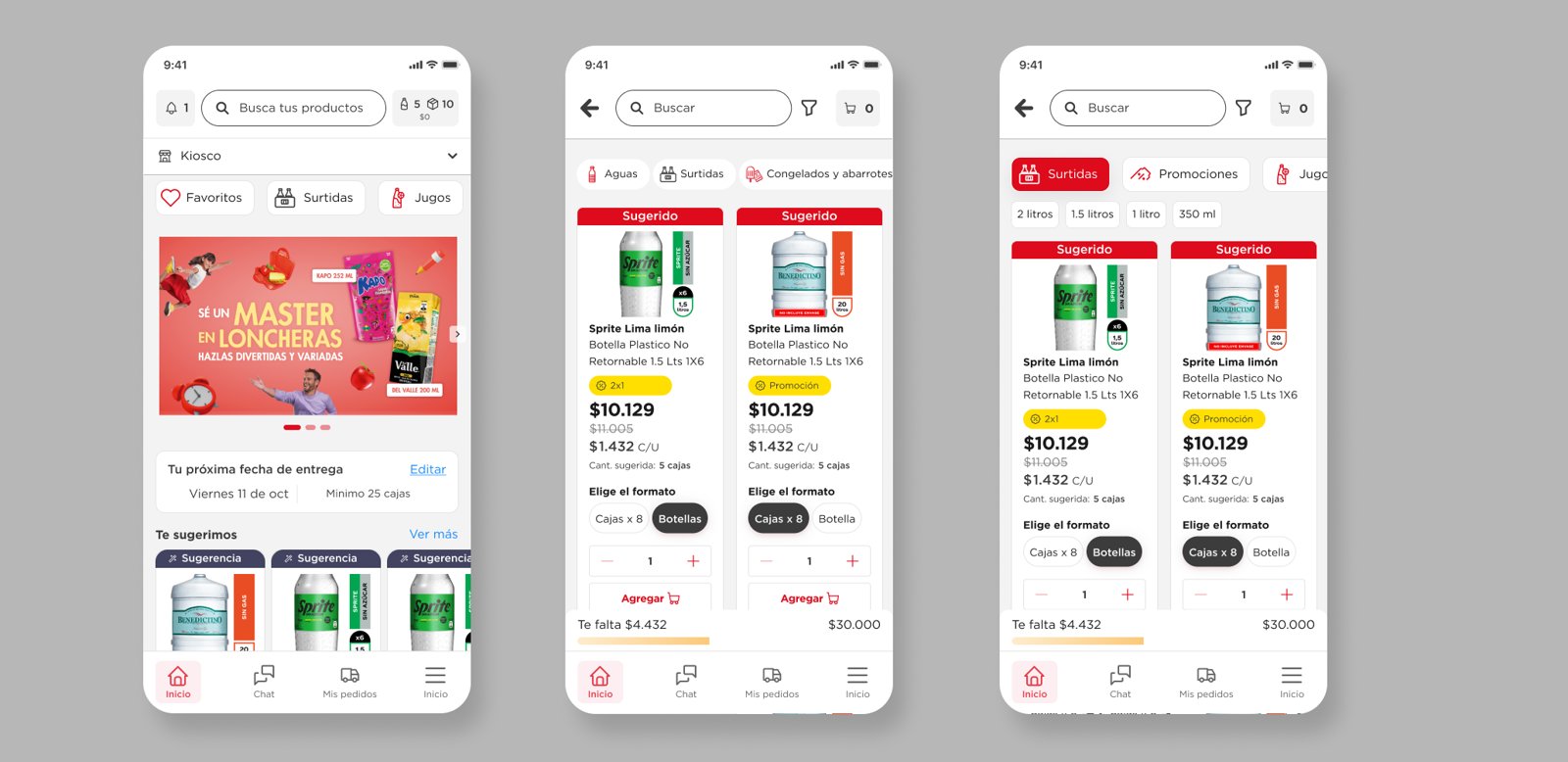 Pantallas de la app Mi Andina: inicio con banner y fecha de entrega, catálogo con productos sugeridos y filtros por categoría y formato