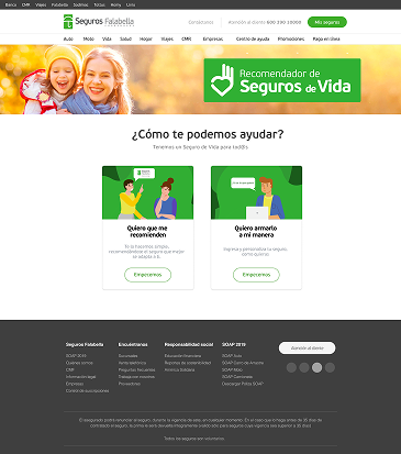 Recomendador de Seguros de Vida de Seguros Falabella: portada y dos caminos, que te recomienden un seguro o armarlo a tu manera